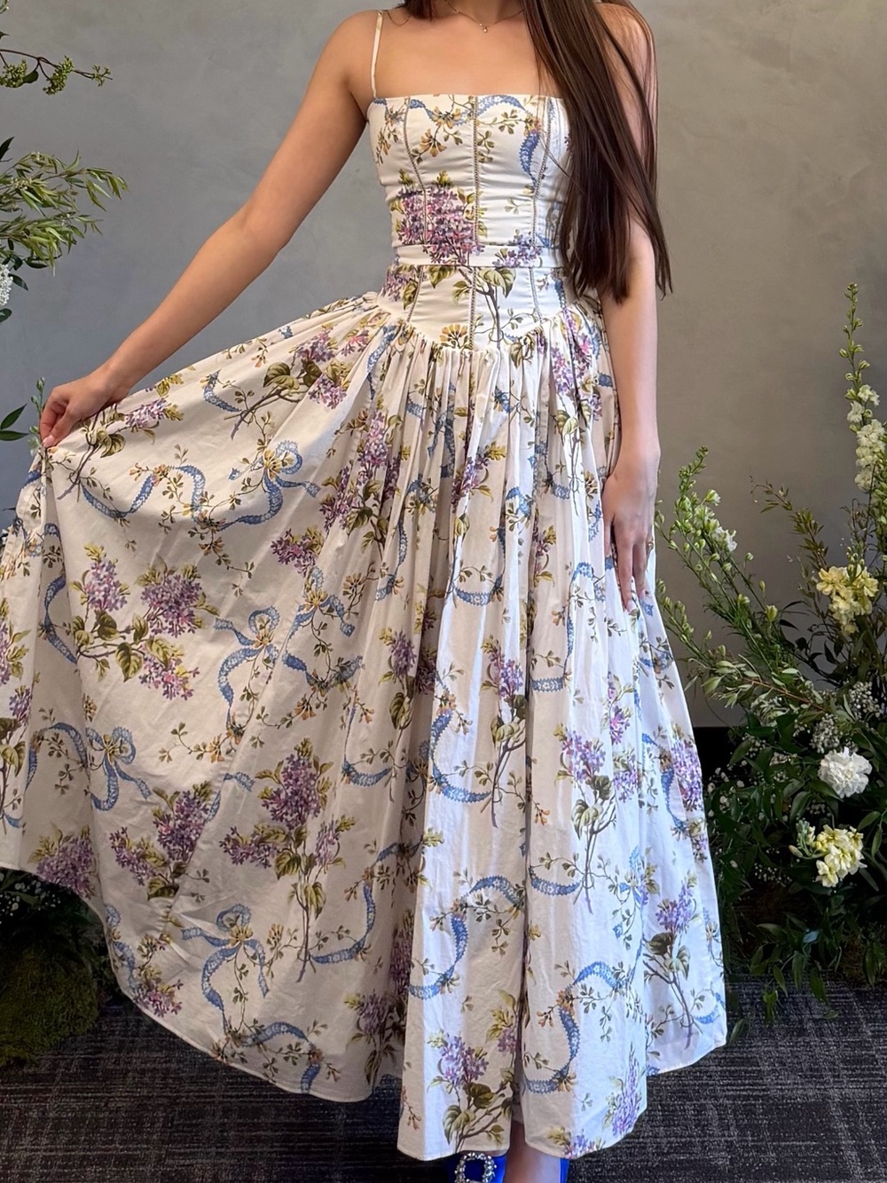 House of CB Cream Floral Midi Dress with Blue Ribbon Print